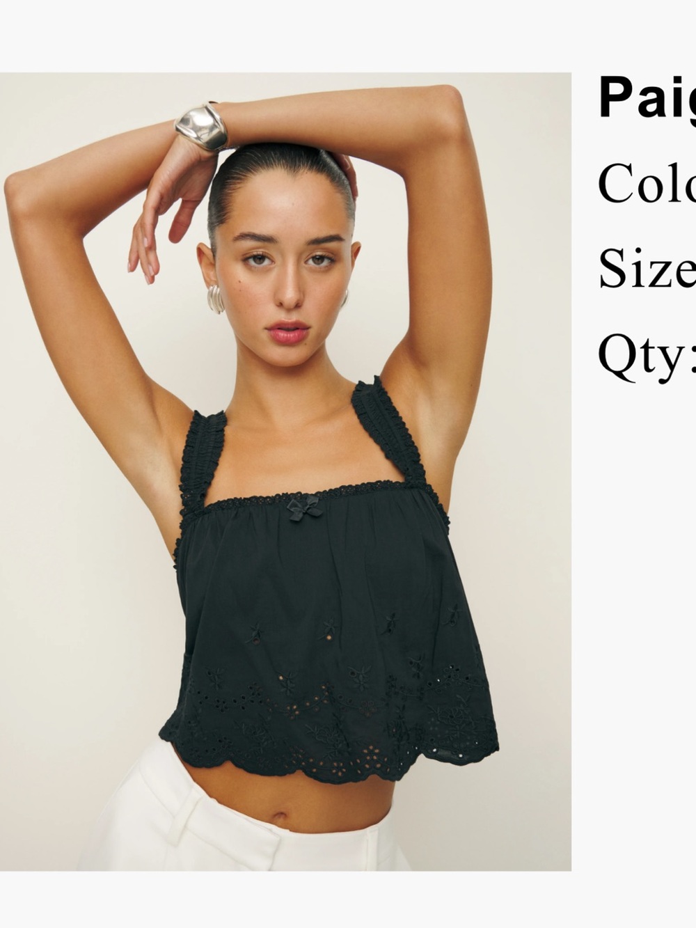 Reformation Black Eyelet Crop Tank with Ruffled Straps